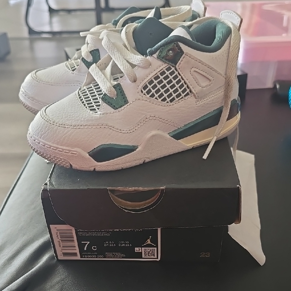 Kids White and Green Jordan Sneakers